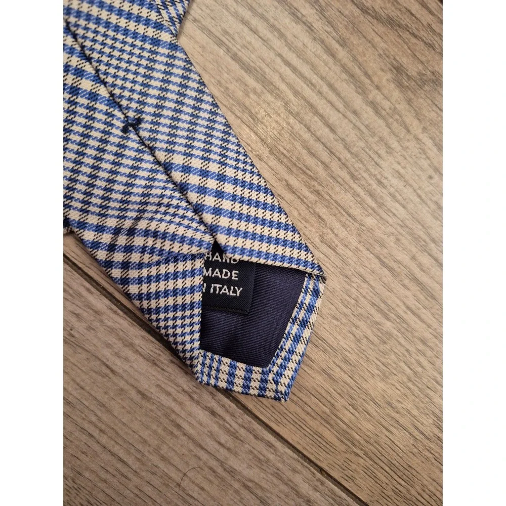 Polo Ralph Lauren Mens Blue White Glen Plaid Silk Necktie Hand Made in‎ Italy